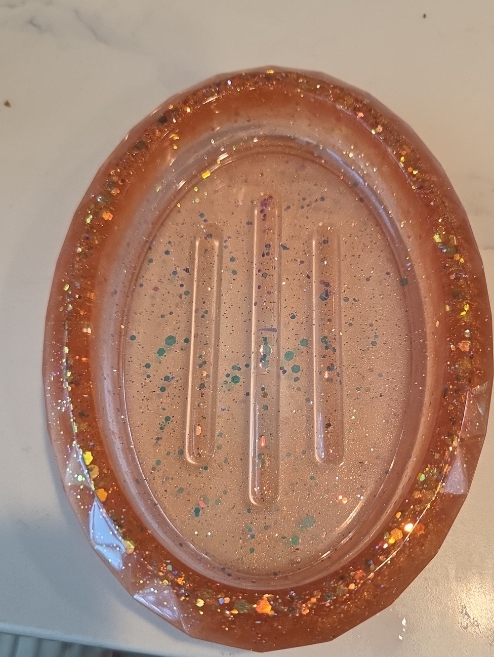 Oval Glitter Resin Soap Dish - Brownish with Orange/Brown Sparkles
